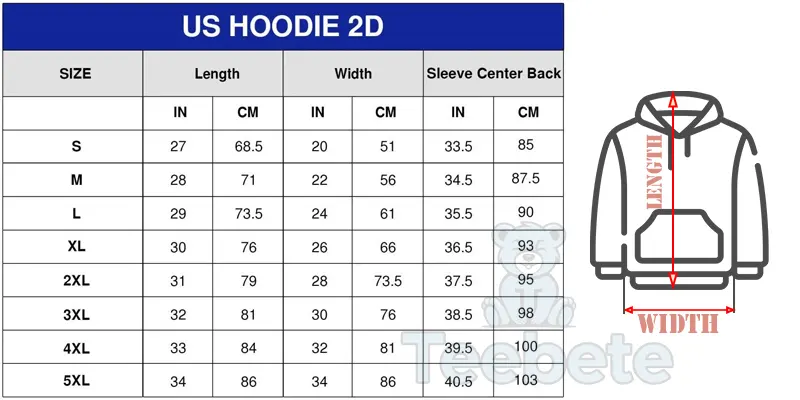 hoodie sizechart teebete store