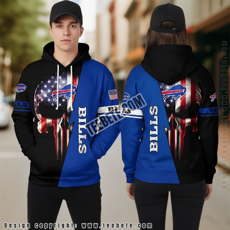 Buffalo Bills Us Flag Skull 3D Hoodie Black Blue Outfit