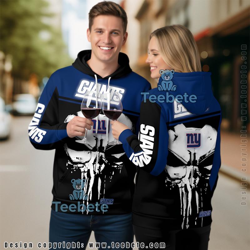 New York Giants Skull Punisher 3D Hoodie Black Blue Girls