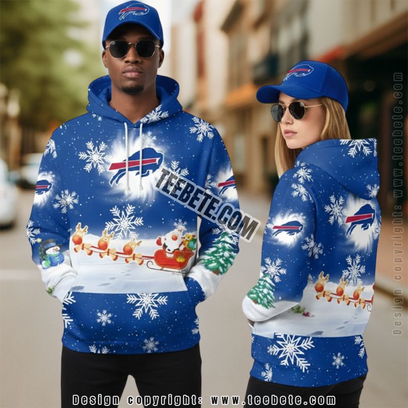 Buffalo Bills Reindeer Sleigh Holiday 3D Hoodie Blue White