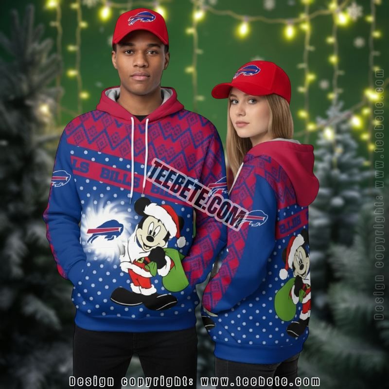 Buffalo Bills Santa Mickey Mouse 3D Hoodie Mens Blue Red Buffalo Bills Santa Mickey Mouse 3D Hoodie Mens Blue Red