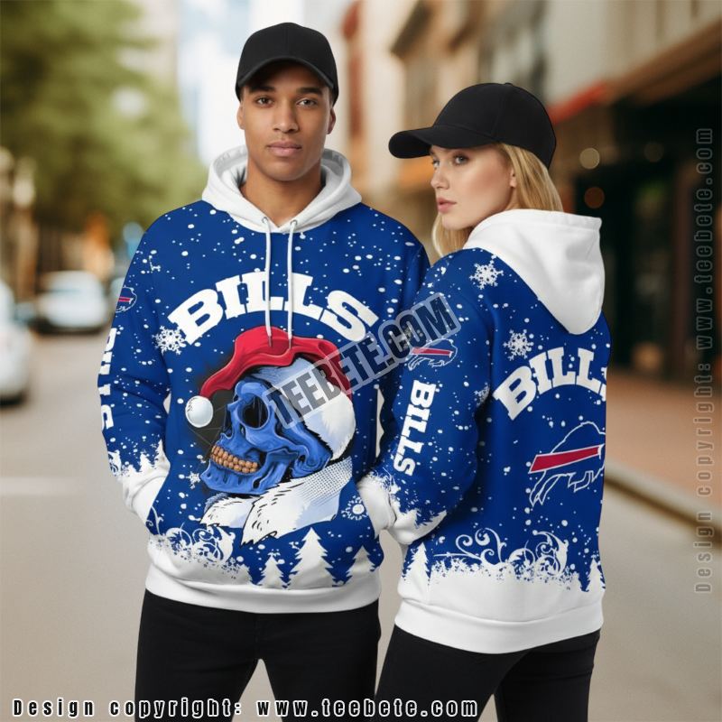 Buffalo Bills Santa Skull Christmas 3D Hoodie Kids Blue White