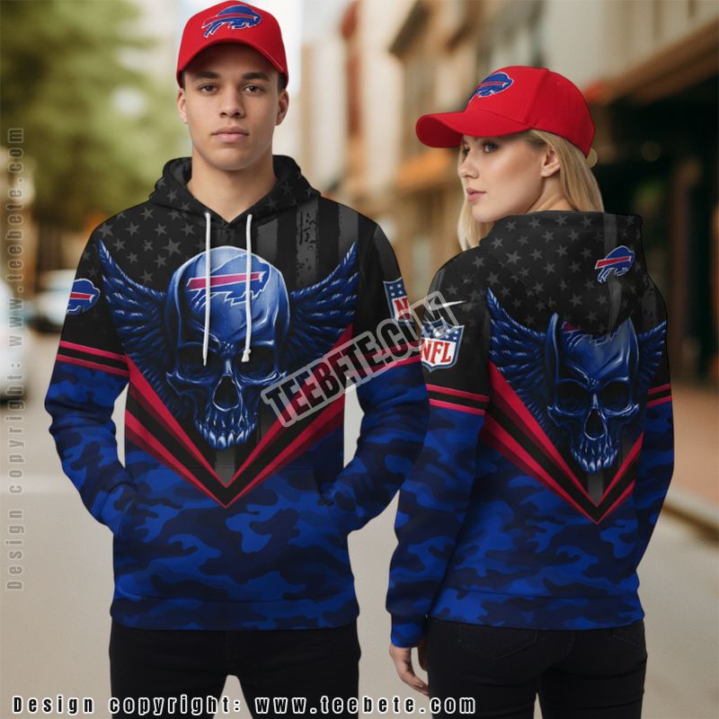 Buffalo Bills Skull Wings 3D Zip Up Hoodie Men Black Blue