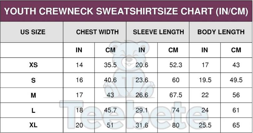 youth crewneck sweatshirt sizechart teebete