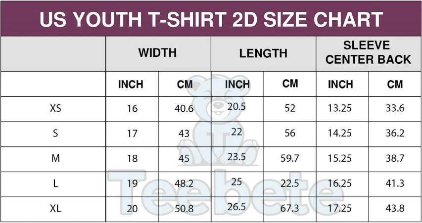 youth t-shirt sizechart teebete store