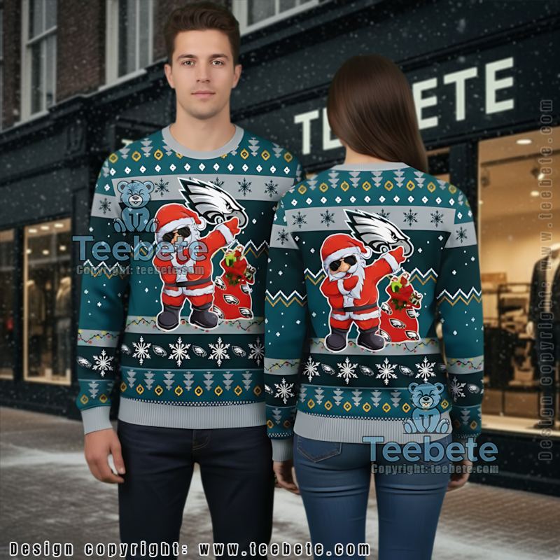 Philadelphia Eagles Dabbing Santa Claus Ugly Sweaters For Christmas Blue Mens