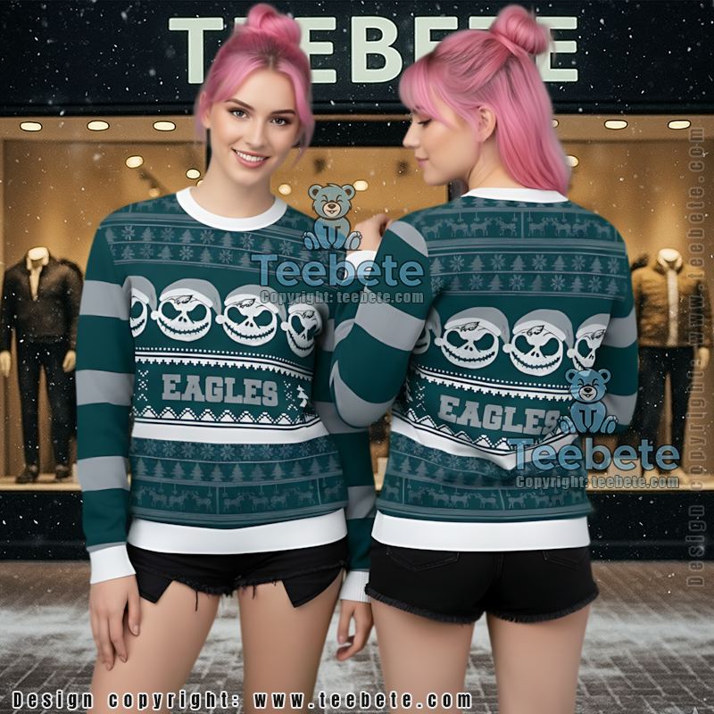 Philadelphia Eagles Skull Santa Hat Ugly Christmas Sweaters Family Blue White