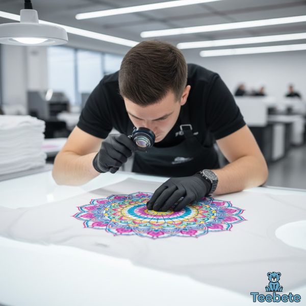 Technician Inspecting DTG Print Quality Under Magnification Technician Inspecting DTG Print Quality Under Magnification