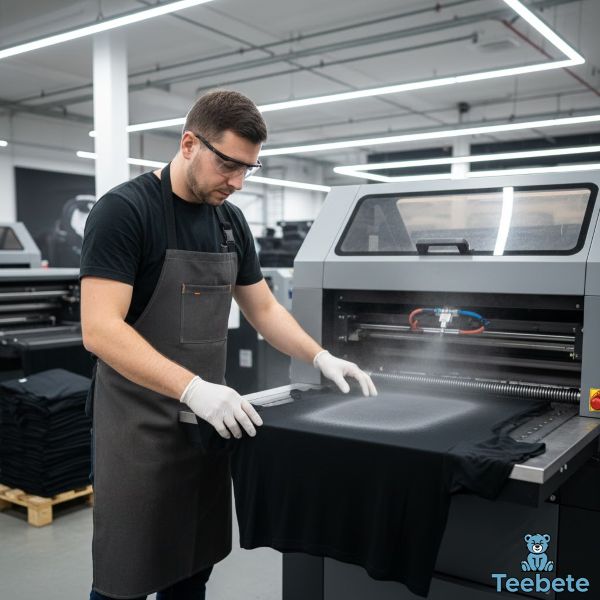 Worker Applying Pretreatment Solution To Black T Shirt Worker Applying Pretreatment Solution To Black T Shirt