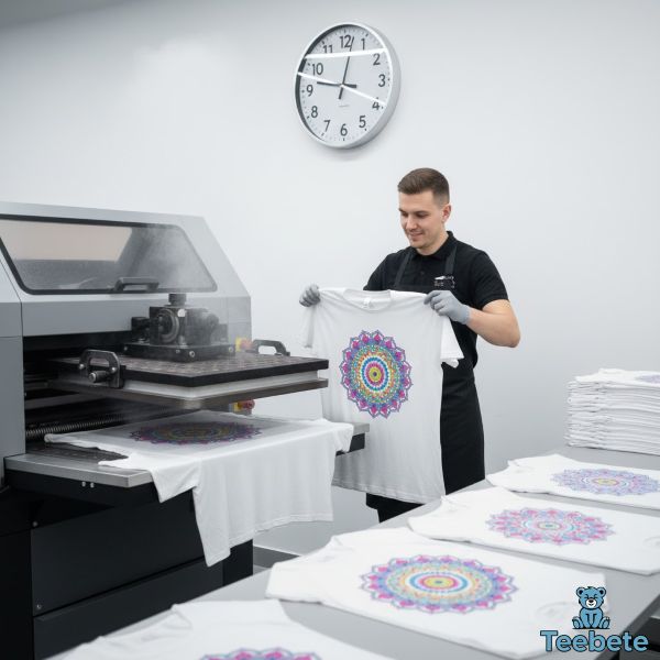 Worker Completing DTG Print Job With Quick Turnaround Time Worker Completing DTG Print Job With Quick Turnaround Time