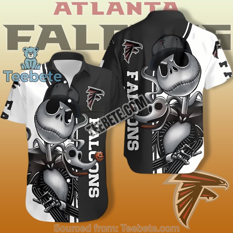 Atlanta Falcons Hawaiian Button Up With Jack Skellington And Zero In Black