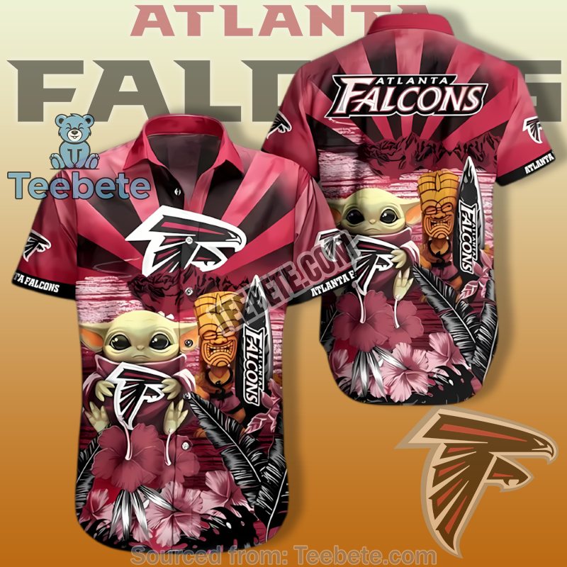 Atlanta Falcons Red Hawaiian Shirt Outfit With Baby Yoda And Tiki Surf Art