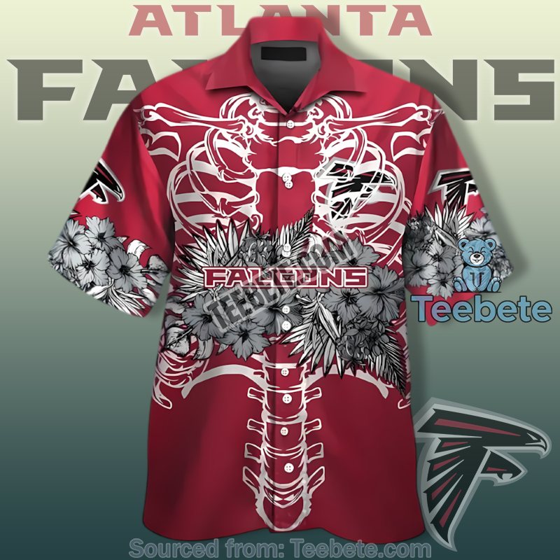 Atlanta Falcons Slim Fit Hawaiian Shirt With Skeleton And Red Hibiscus Design
