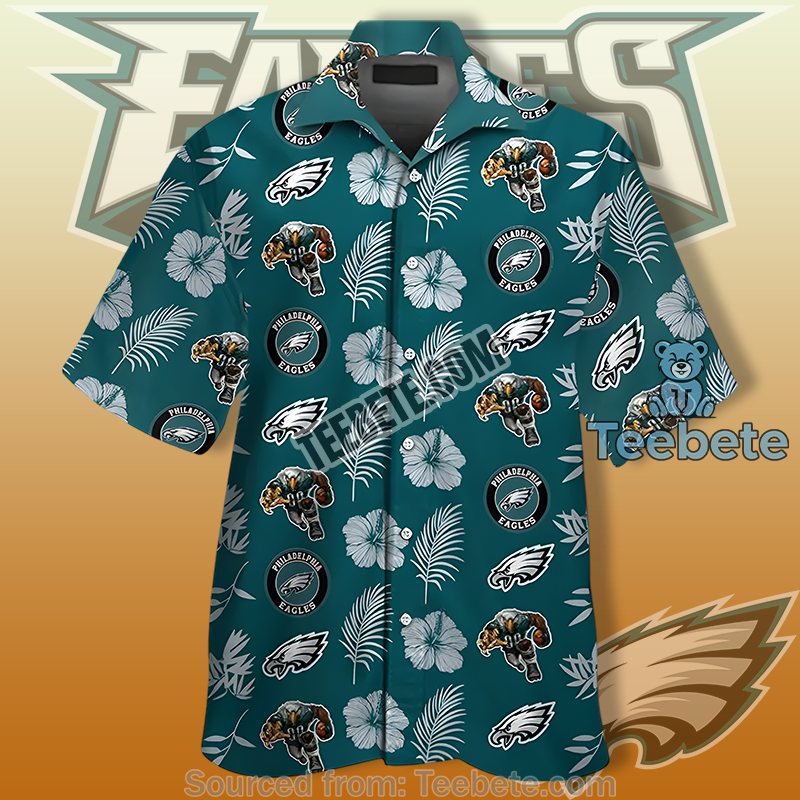 Philadelphia Eagles Green Aloha Print Shirt With Mascot And Hibiscus Flowers