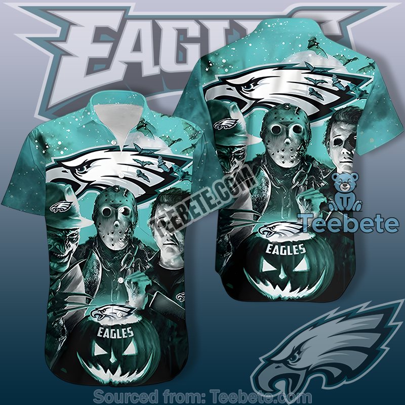Philadelphia Eagles Green Aloha Shirt With Freddy Jason Myers Horror Theme