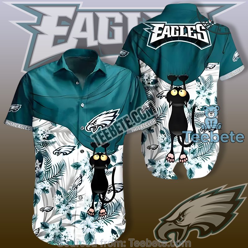 Philadelphia Eagles Green Cheap Hawaiian Shirts With Summer Black Cat Art