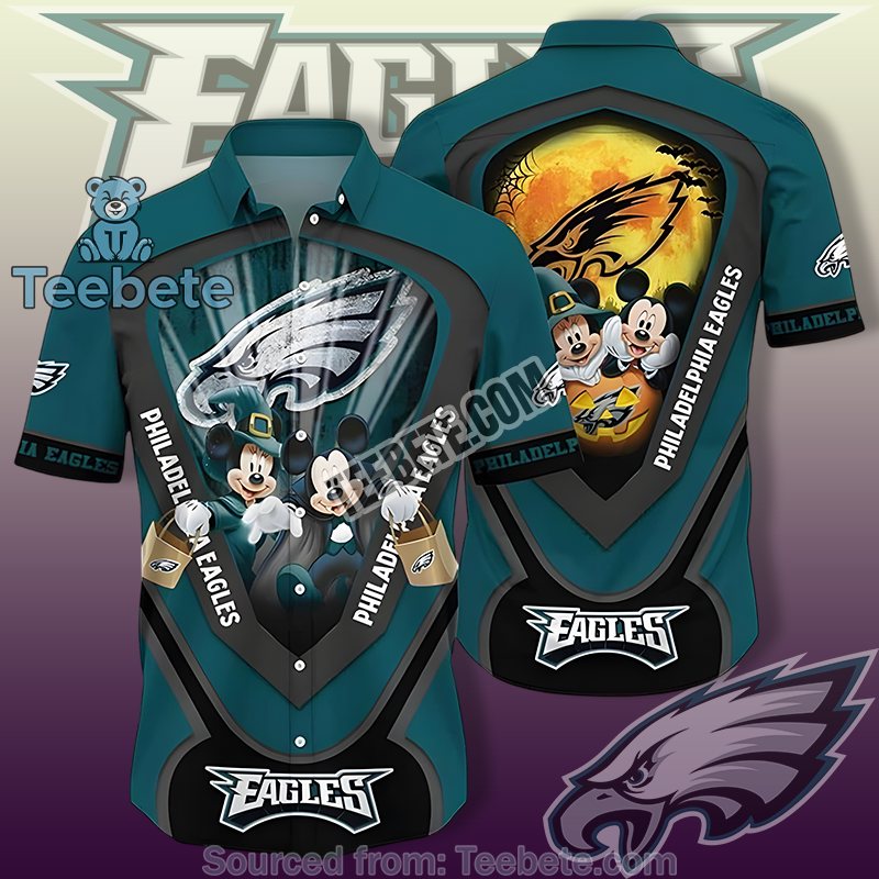 Philadelphia Eagles Green Cute Hawaiian Shirts With Mickey And Minnie Halloween
