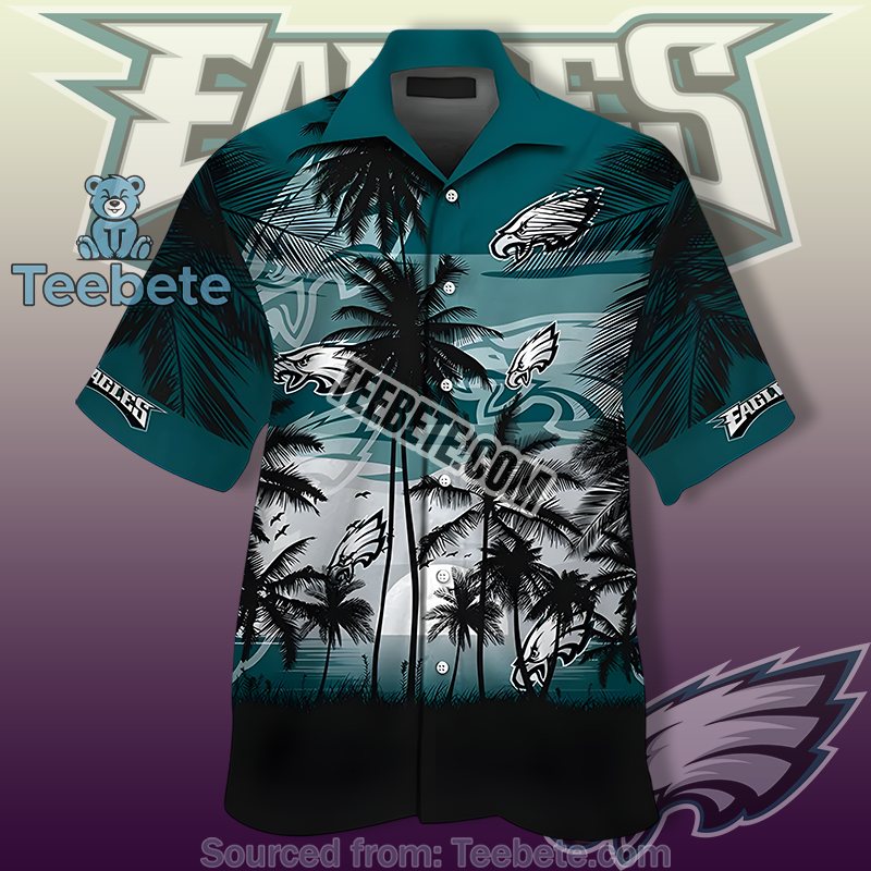 Philadelphia Eagles Green Hawaiian Shirt Outfit With Coconut Tree Print