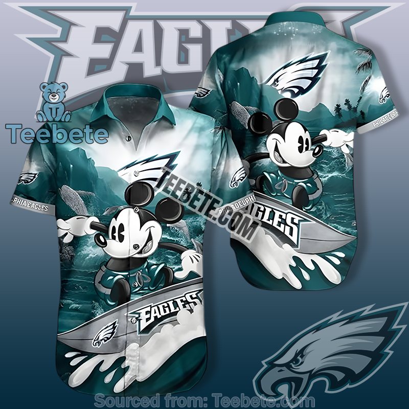 Philadelphia Eagles Green Hawaiian Shirt Style With Surfing Mickey Mouse