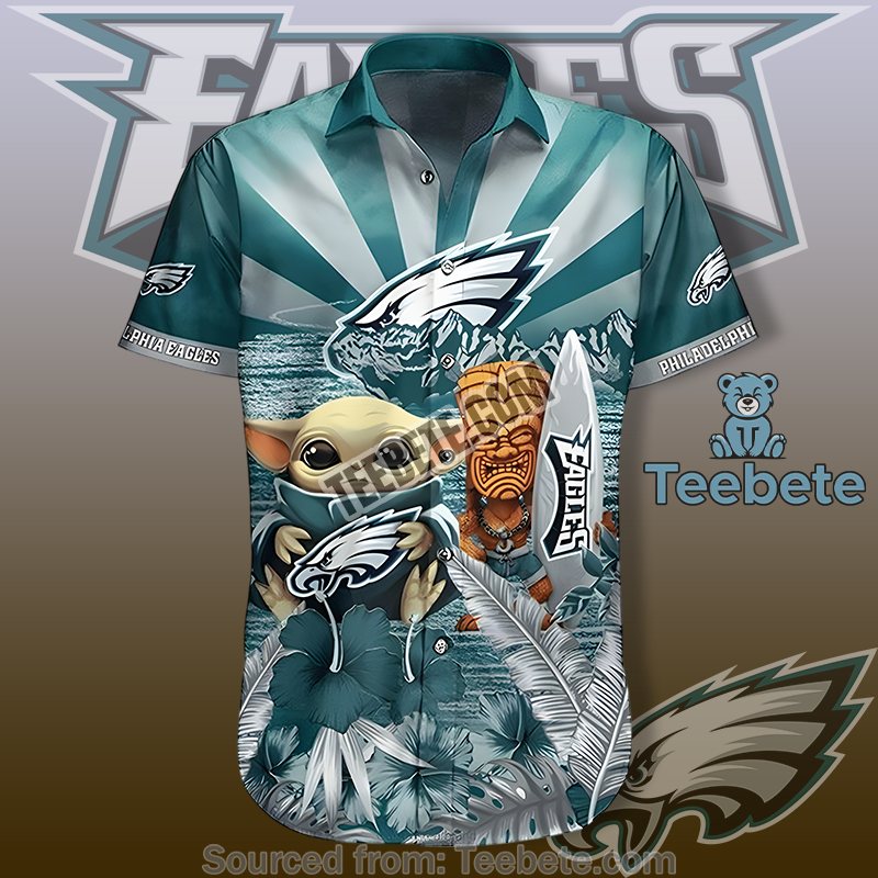 Philadelphia Eagles Green Printed Hawaiian Shirts With Summer Baby Yoda Tiki