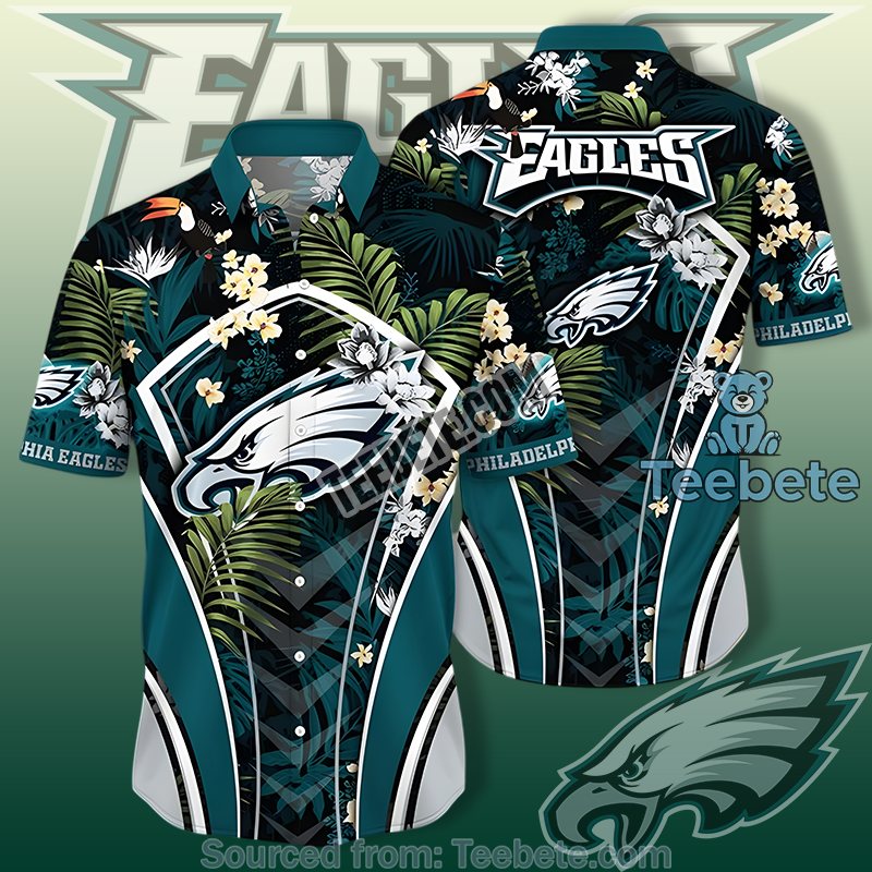 Philadelphia Eagles Green Slim Fit Hawaiian Shirt With Palm Leaves Pattern