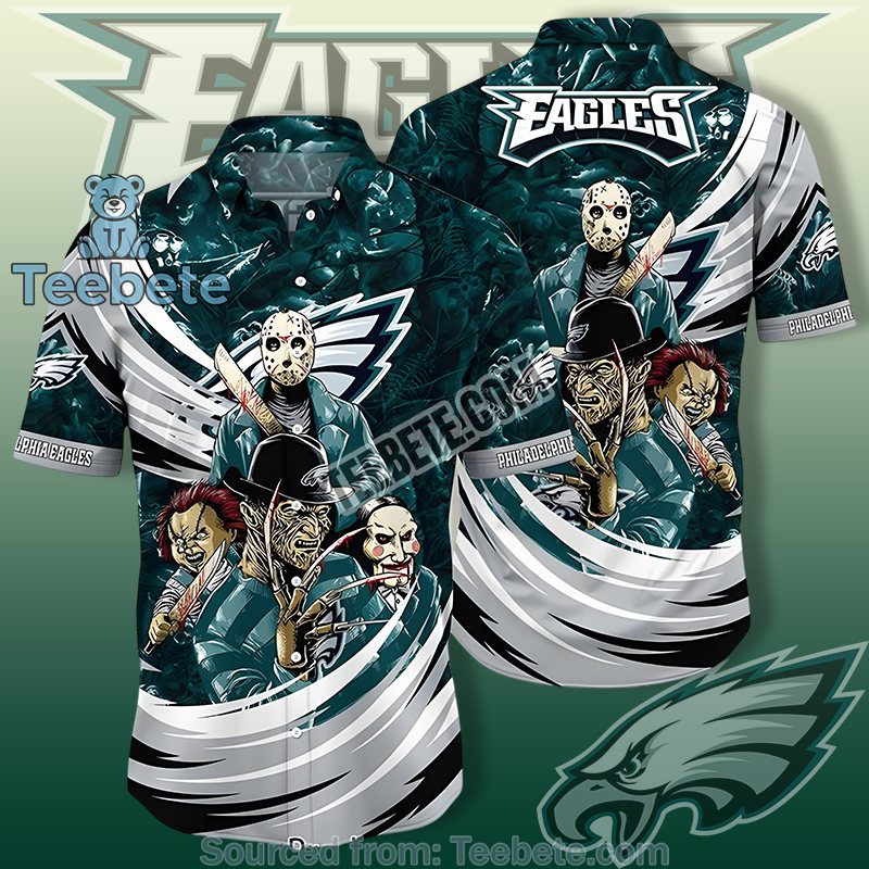 Philadelphia Eagles Green Stylish Hawaiian Shirts With Horror Movie Characters