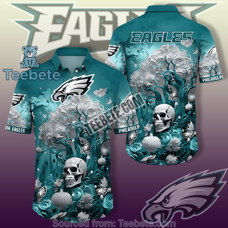 Philadelphia Eagles Green Unisex Hawaiian Shirt With Halloween Skull Art