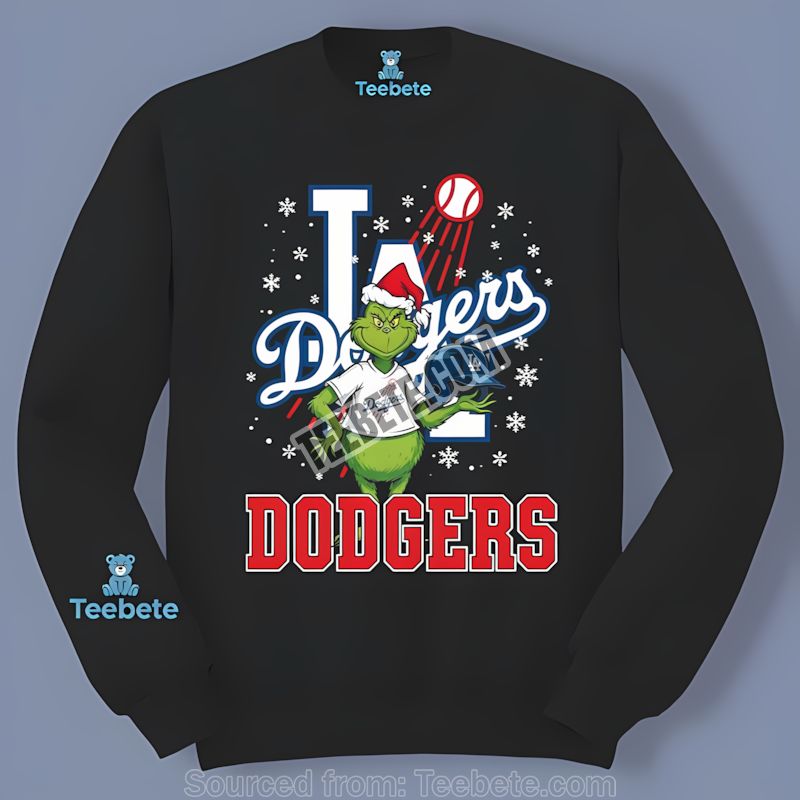 Grinch Holding Los Angeles Dodgers Helmet Graphic Long Sleeve Grinch Holding Los Angeles Dodgers Helmet Graphic Long Sleeve