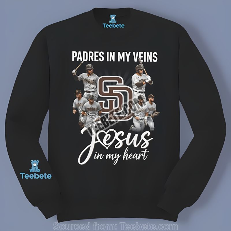 San Diego Padres In My Veins Jesus In My Heart Graphic Long Sleeve San Diego Padres In My Veins Jesus In My Heart Graphic Long Sleeve