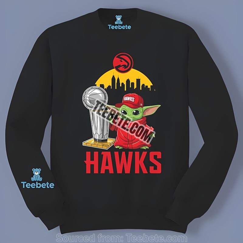 Atlanta Hawks Baby Yoda Holding World Series Trophy Regular Long Sleeve Atlanta Hawks Baby Yoda Holding World Series Trophy Regular Long Sleeve