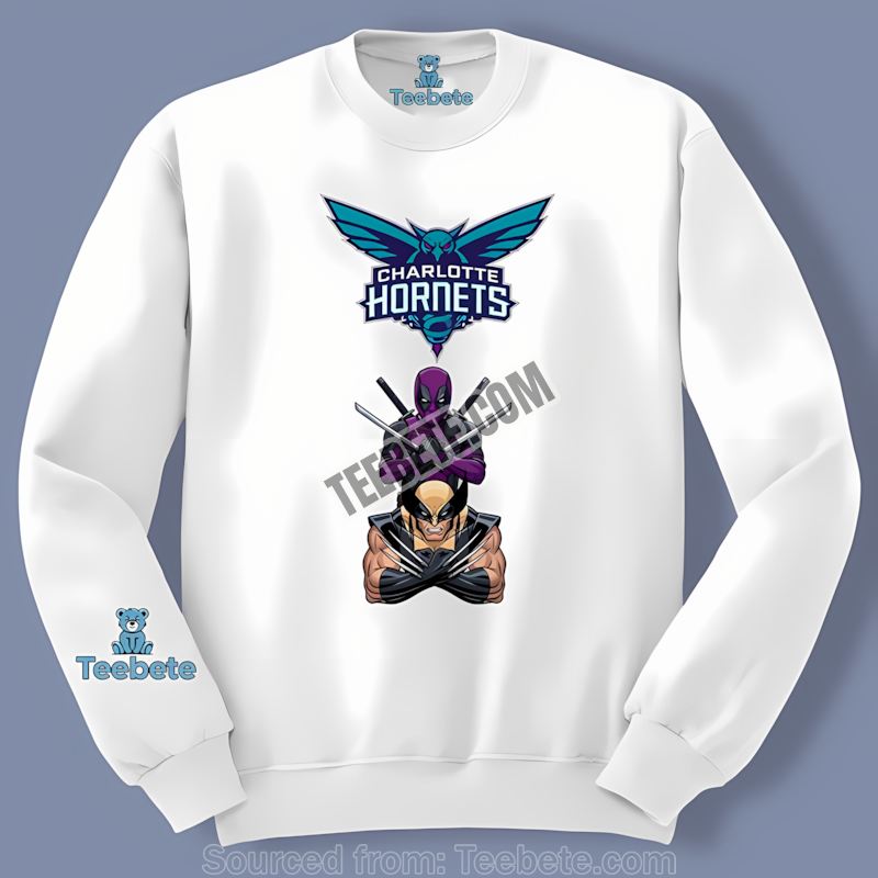 Charlotte Hornets Deadpool Wolverine Superhero Mashup Long Sleeve Charlotte Hornets Deadpool Wolverine Superhero Mashup Long Sleeve