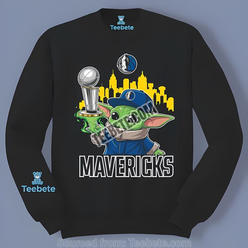 Dallas Mavericks Baby Yoda Holding World Series Trophy Graphic Long Sleeve Dallas Mavericks Baby Yoda Holding World Series Trophy Graphic Long Sleeve