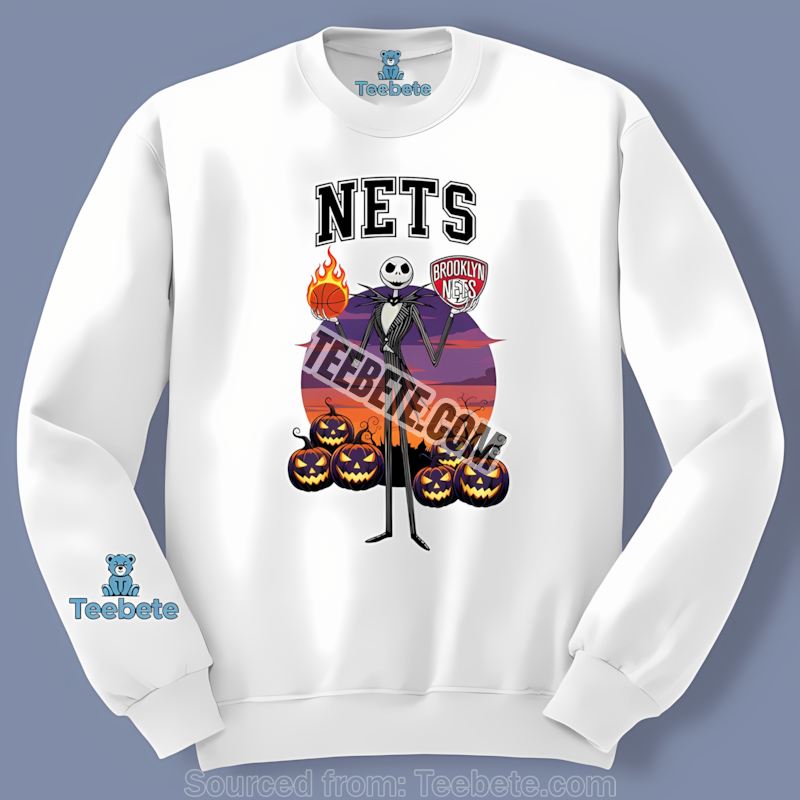 Jack Skellington Brooklyn Nets Halloween Graphic Long Sleeve Jack Skellington Brooklyn Nets Halloween Graphic Long Sleeve