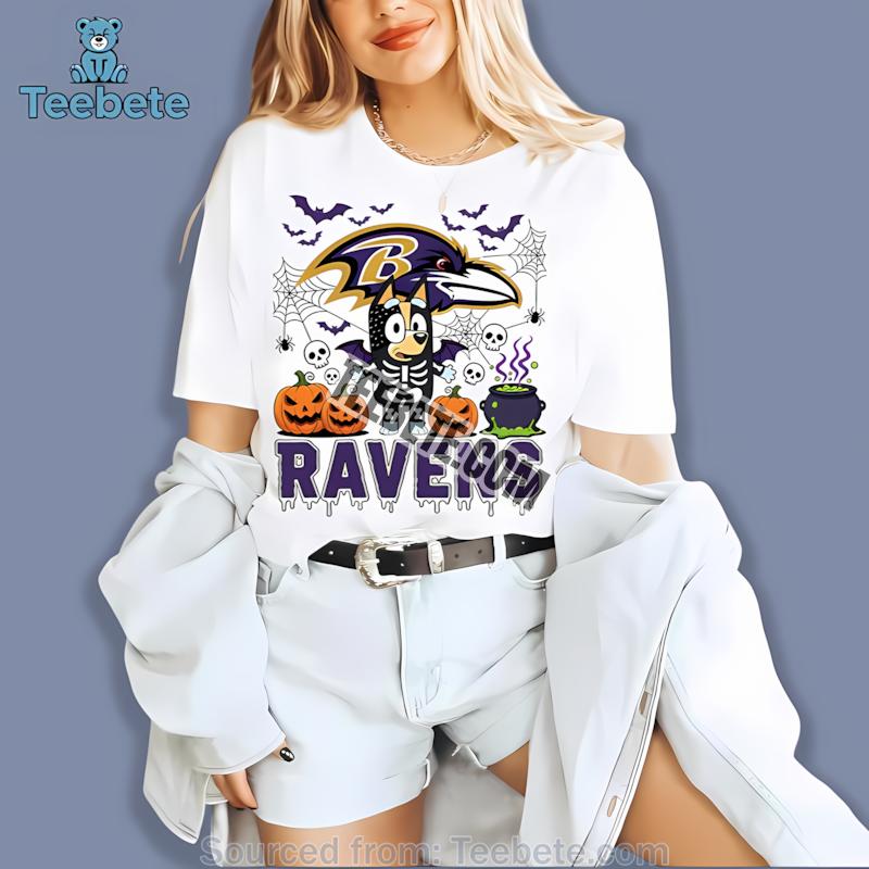 Baltimore Ravens Bingo Bluey Halloween Skeleton Pumpkin Shirt