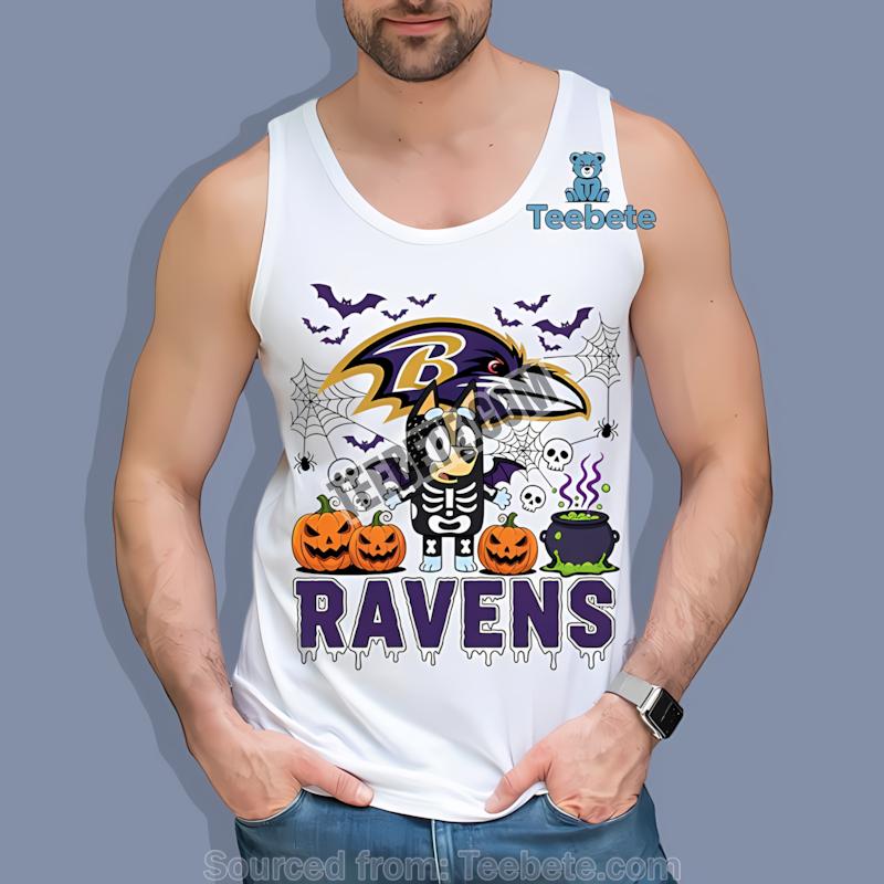 Baltimore Ravens Bingo Bluey Halloween Skeleton Pumpkin Shirt