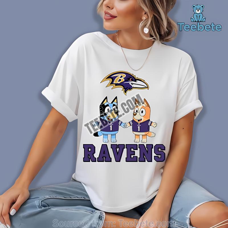 Baltimore Ravens Bluey And Bingo Holding Hands Shirt