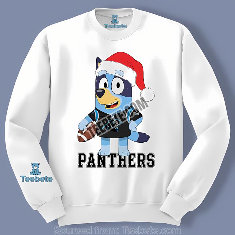 Carolina Panthers Bluey Santa Hat Christmas Spirit Long Sleeve Carolina Panthers Bluey Santa Hat Christmas Spirit Long Sleeve