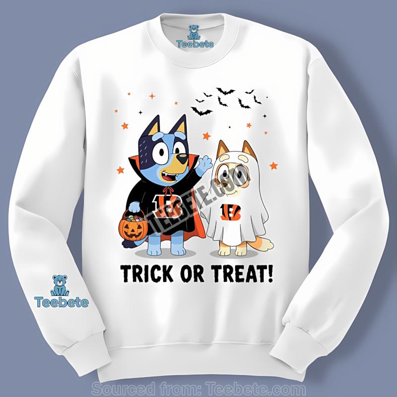 Cincinnati Bengals Bluey Bingo Trick Or Treat Halloween Long Sleeve Cincinnati Bengals Bluey Bingo Trick Or Treat Halloween Long Sleeve