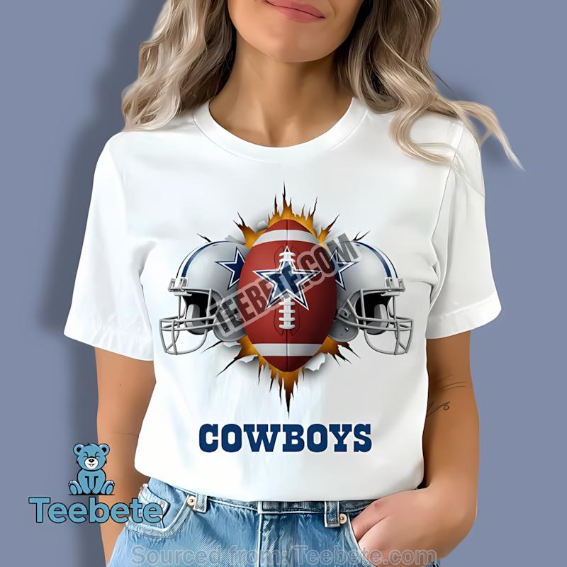 Dallas Cowboys Helmet And Football Burst Through Star Logo Shirt