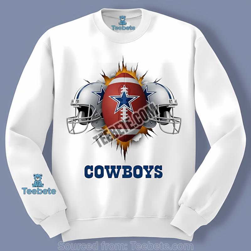 Dallas Cowboys Helmet And Football Burst Through Star Logo Long Sleeve Dallas Cowboys Helmet And Football Burst Through Star Logo Long Sleeve