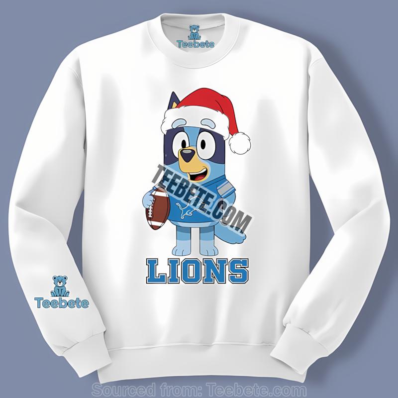 Detroit Lions Bluey Christmas Santa Hat Long Sleeve Detroit Lions Bluey Christmas Santa Hat Long Sleeve