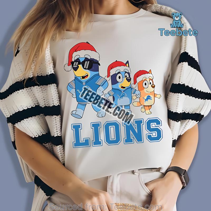 Detroit Lions Bluey Family Santa Hat Christmas Parade Shirt