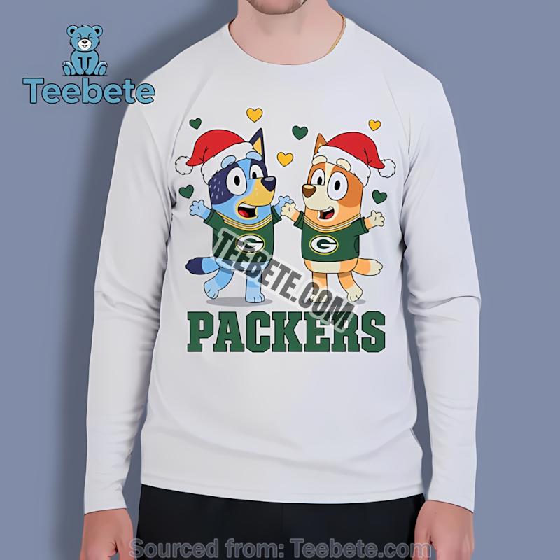 Green Bay Packers Bluey And Bingo Christmas Dancing Retro Long Sleeve Green Bay Packers Bluey And Bingo Christmas Dancing Retro Long Sleeve