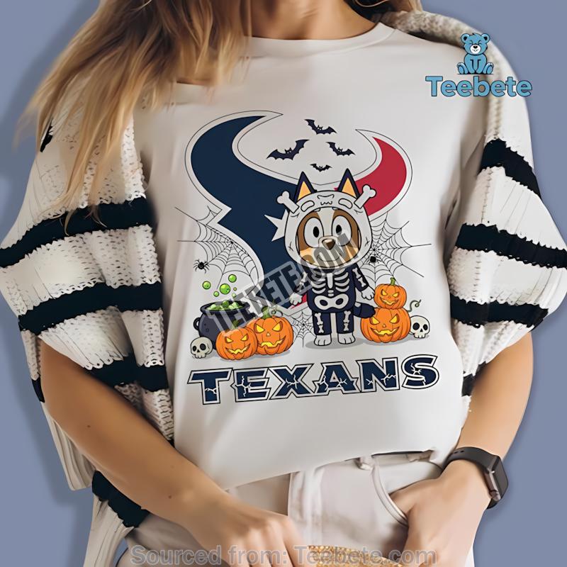 Houston Texans Bingo Bluey Skeleton Pumpkin Halloween Shirt