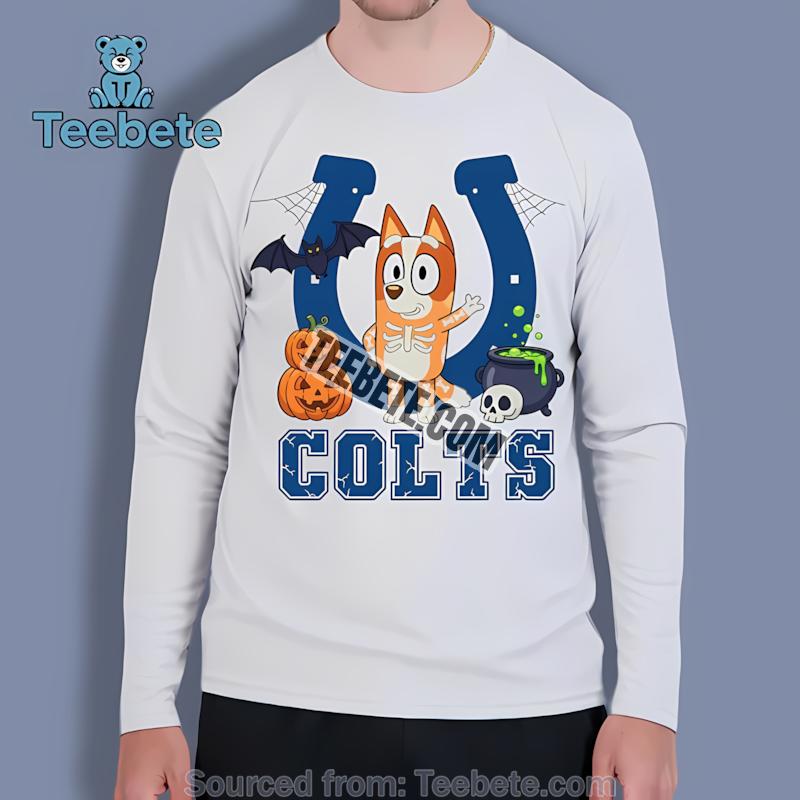 Indianapolis Colts Bingo Bluey Halloween Skeleton Pumpkin Long Sleeve Indianapolis Colts Bingo Bluey Halloween Skeleton Pumpkin Long Sleeve