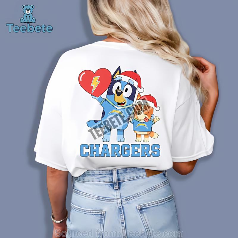 Los Angeles Chargers Bluey And Bingo Christmas Heart Mens Graphic Shirt