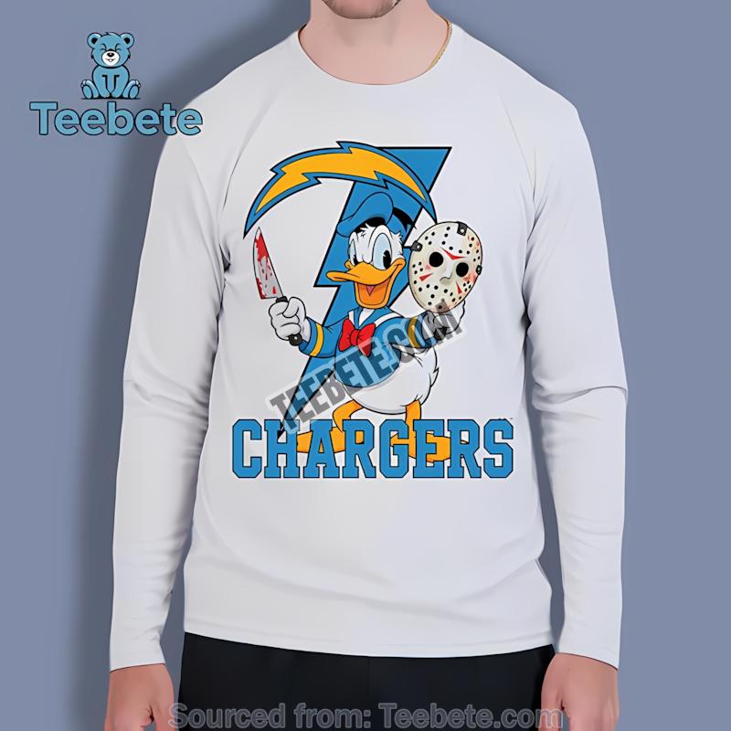 Los Angeles Chargers Donald Duck Jason Mask Halloween Mens Long Sleeve Los Angeles Chargers Donald Duck Jason Mask Halloween Mens Long Sleeve