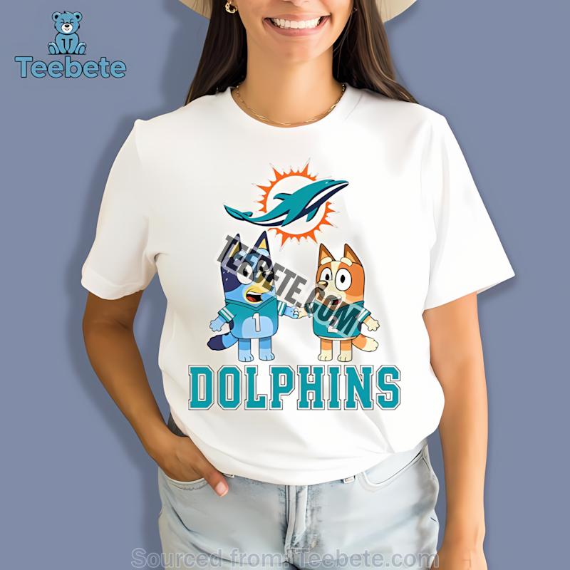 Miami Dolphins Bluey And Bingo Holding Hands Shirt