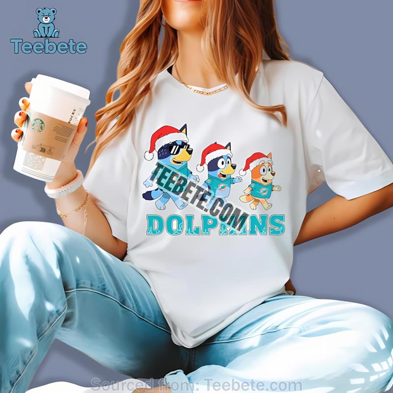 Miami Dolphins Bluey Family Santa Hat Christmas Parade Shirt