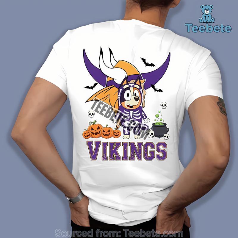 Minnesota Vikings Bluey Bingo Halloween Skeleton Pumpkin Shirt